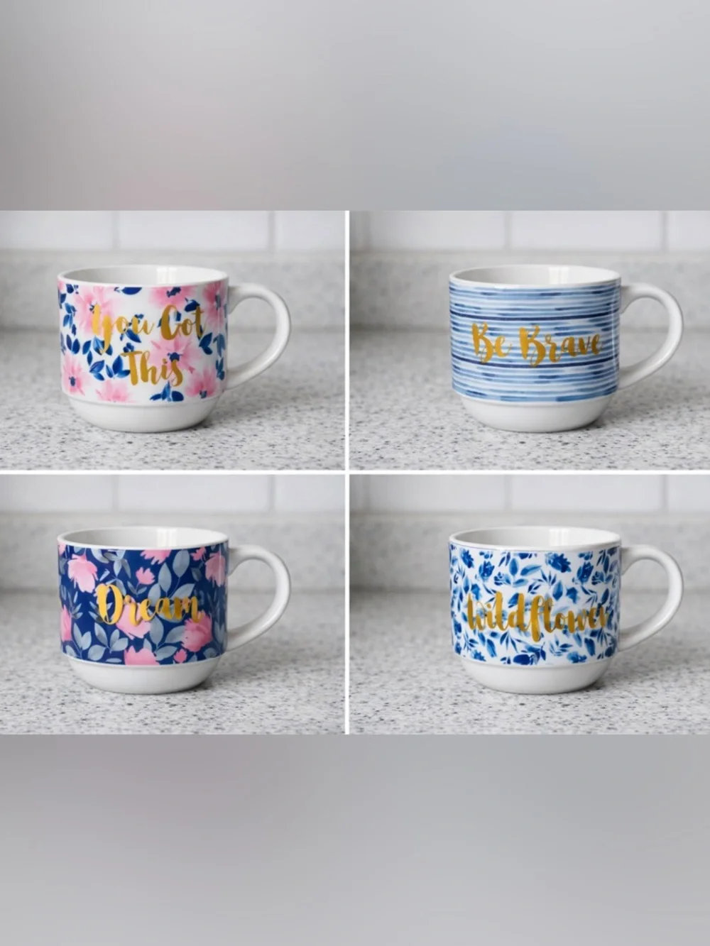 NWT Pier 1 Imports Floral Inspiration Mug Set – Motivational Stackable Design